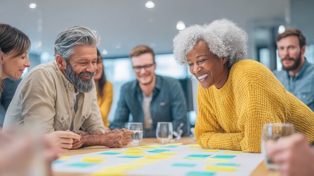 Diverse team of professionals collaborating and brainstorming ideas on sticky notes at a modern office table
