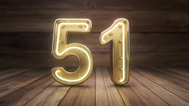 Elegant golden Realistic set of neon retro number 51 for decoration and covering on the wooden