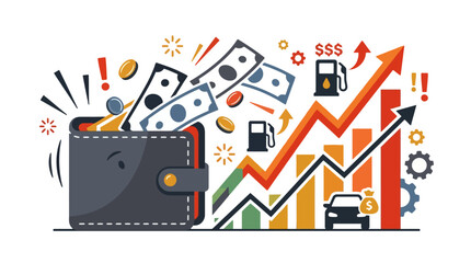 Obraz premium Inflation concept illustration showing wallet with money flying out and rising fuel prices chart. EPS Editable
