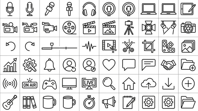 Collection of Various Digital Icons and Symbols for Technology and Media.