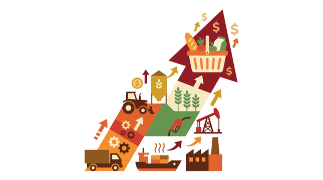 Inflation concept showing rising food prices and supply chain costs. EPS Editable