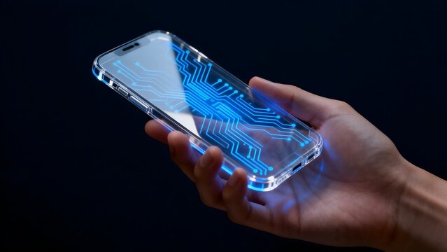 Hand holding transparent phone with glowing circuit