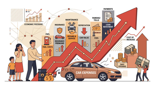 Infographic illustration showing rising car ownership expenses and inflation costs with a stressed family. EPS Editable