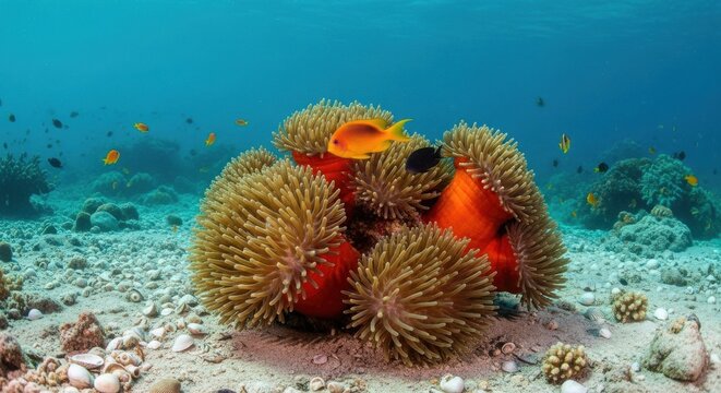 Vibrant Clownfish Nestles Among Colorful Coral Reef Anemones Underwater