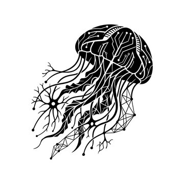 Abstract Jellyfish Silhouette with Circuit Board and Neural Network Elements.