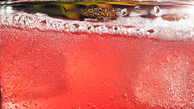 Inside-glass macro of pink guava cocktail with ice, camera rising through rosy liquid as fine carbonation bubbles stream upward, creating a refreshing tropical beverage texture