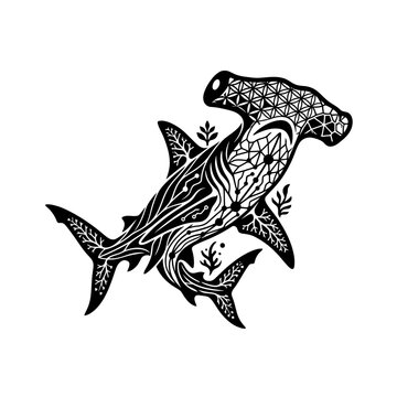 Hammerhead Shark with Intricate Geometric Patterns and Floral Elements.