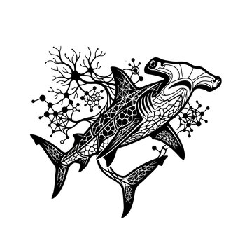 Hammerhead Shark with Neural Network Illustration.