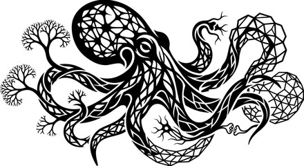 Fototapeta premium Intricate Black Octopus Design with Tree Branches and Geometric Patterns.