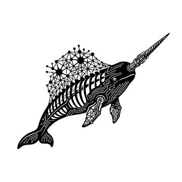 Intricate Black and White Narwhal Illustration with Geometric Patterns.