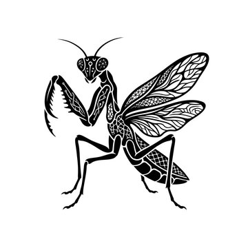 Intricate Black and White Praying Mantis Illustration with Detailed Wings.