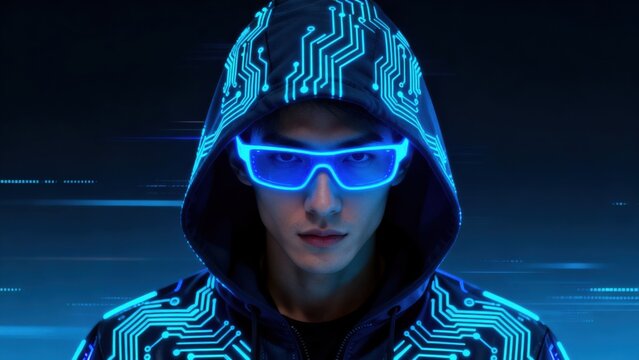Cybernetic hooded figure with glowing glasses