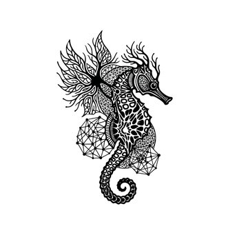 Intricate black and white seahorse illustration with geometric and organic elements.
