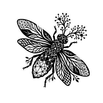 Intricate Black and White Stylized Bee Illustration with Floral Antennas.