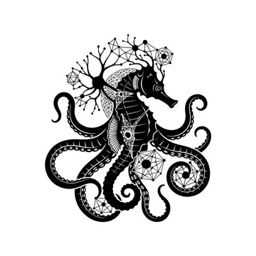 Intricate Black and White Seahorse Octopus Hybrid Illustration.