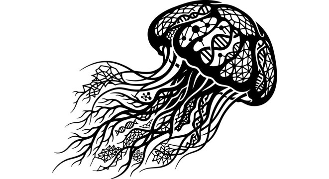 Intricate Black Jellyfish Illustration with DNA Helix Patterns.