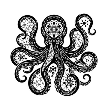 Intricate Black Octopus Illustration with Geometric Patterns.
