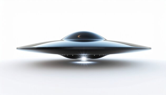 Sleek Metallic Flying Saucer Hovering in Bright Space with Glowing Engine Light