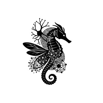 Intricate Black Seahorse Illustration with Geometric and Organic Elements.