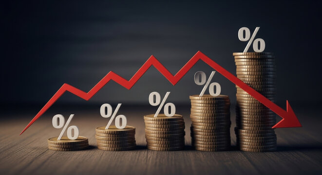 Red downward arrow with percentage symbols on decreasing stacks of coins, representing interest rate cuts or financial loss.