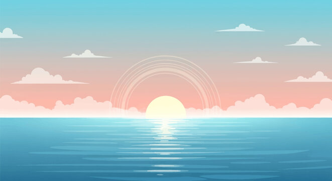 Minimalist vector illustration of a tropical sunset over a calm ocean seascape featuring a bright sun on the horizon with concentric halo rings, fluffy white clouds, and water reflections.