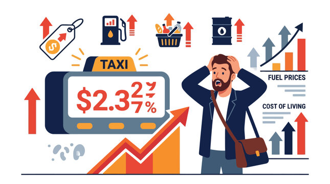 Stressed man looking at rising taxi fare and high cost of living illustration. EPS Editable