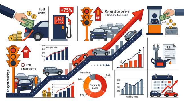 Infographic showing rising car ownership costs traffic congestion and fuel price inflation. EPS Editable