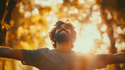 Fototapeta premium Joyful Man Embracing Nature at Sunset