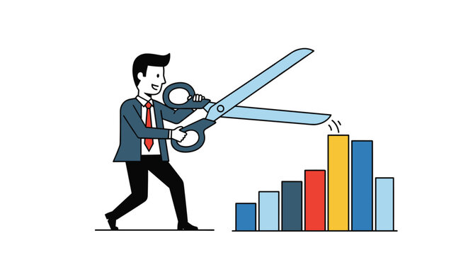 Successful businessman uses large scissors to trim down a rising bar graph representing cost reduction or financial optimization.