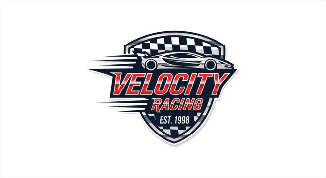 Velocity Racing Logo with Sports Car and Checkered Flag Emblem.