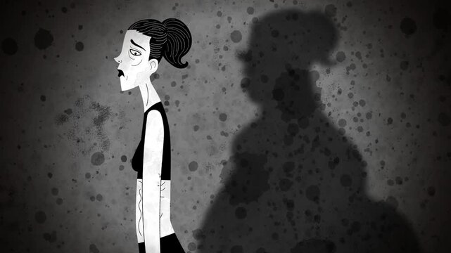 very thin woman with anorexia casting the shadow of an obese woman