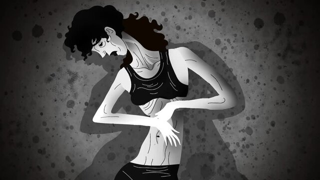 woman with anorexia seeing the shadow of an obese body on her abdomen