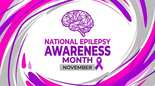 Illustration of brain with epilepsy awareness ribbon and text for National Epilepsy Awareness Month in November