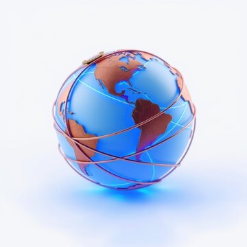 Blue globe depicts Earth, continents visible. Copper lines wrap around sphere, creating network effect. Bright reflection present.