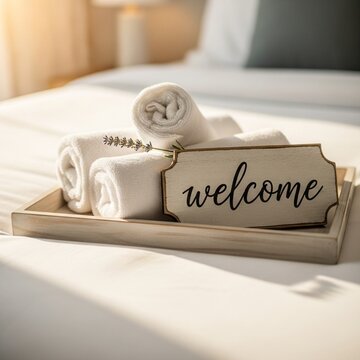 Luxury Vacation Rental Welcome Tray with Rolled Towels and Lavender on Bed