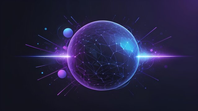 Futuristic abstract digital globe with connecting network lines and glowing neon light flares on dark background
