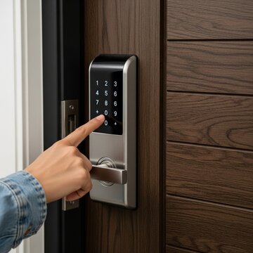 Hand of Traveler Entering Digital Code on Modern Smart Lock for Luxury Rental Cottage Entry