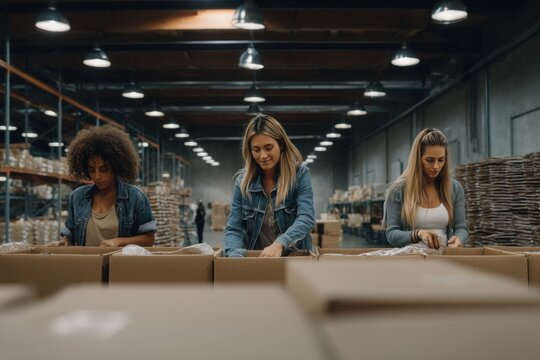 Diverse team of women packing orders in a busy warehouse fulfillment center