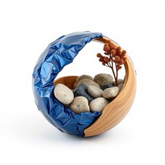 Fototapeta premium Abstract sculpture. Blue foil, wood form, rocks, small branch. Minimalist design, studio shot, white background. Modern art piece.