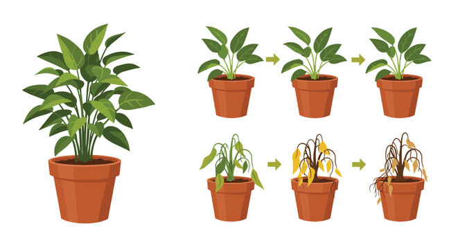Visual representation of a potted houseplant going through healthy growth stages versus wilting and dying due to lack of water or care.