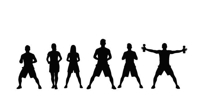 Black silhouettes of six diverse people performing fitness exercises including squats and dumbbell lateral raises, isolated on a white background for health and gym concepts.