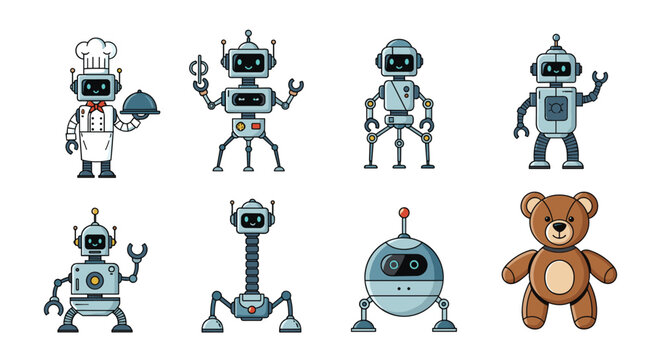 Diverse collection of friendly robot characters including a chef robot and a single teddy bear in a playful pixel art illustration style.