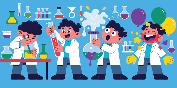 Four children in lab coats experimenting with colorful liquids in beakers and test tubes making explosions
