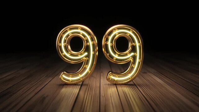 Elegant golden Realistic set of neon retro number 99 for decoration and covering on the wooden
