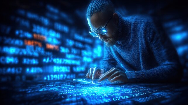 Focused man in glasses analyzing glowing digital data streams and complex code on a futuristic interface