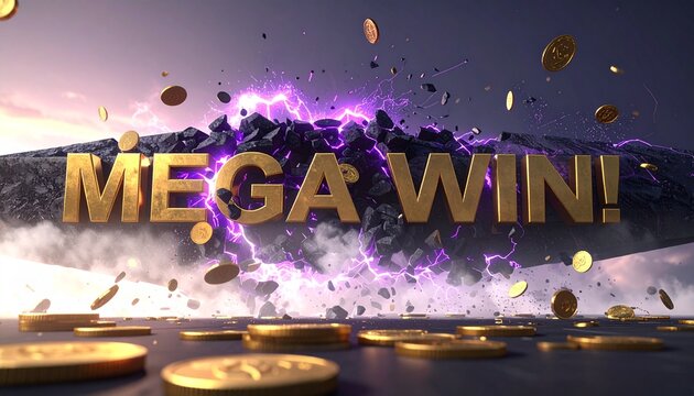 Explosive celebration of mega win with golden confetti, glowing text, and vibrant purple smoke in high-energy victory scene for gaming success and...