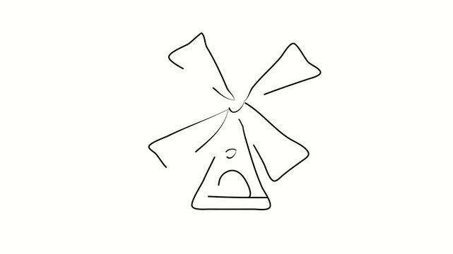Mill, architecture, bread production. Contour drawing, silhouett animation. Continuous line. Isolated on white. Video 4k object illustration self-drawing. Object construction. Minimalist continuous li