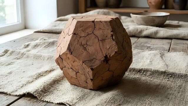 Handmade clay dodecahedron sculpture with rustic cracked texture sitting on a textured linen cloth on a wooden table in a bright workshop setting