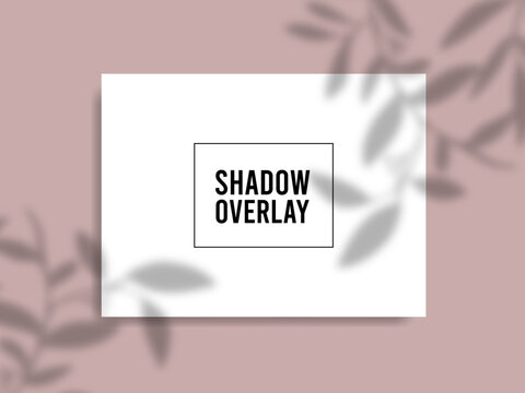 Blank Stationery Card Mockup on Pink Mauve Wall, Aesthetic Leaf Shadow Overlay Picture Template