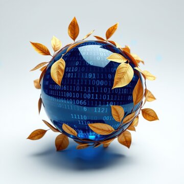 Blue sphere covered in binary code, surrounded by golden leaves. Represents digital nature, technology growth, innovation concept.
